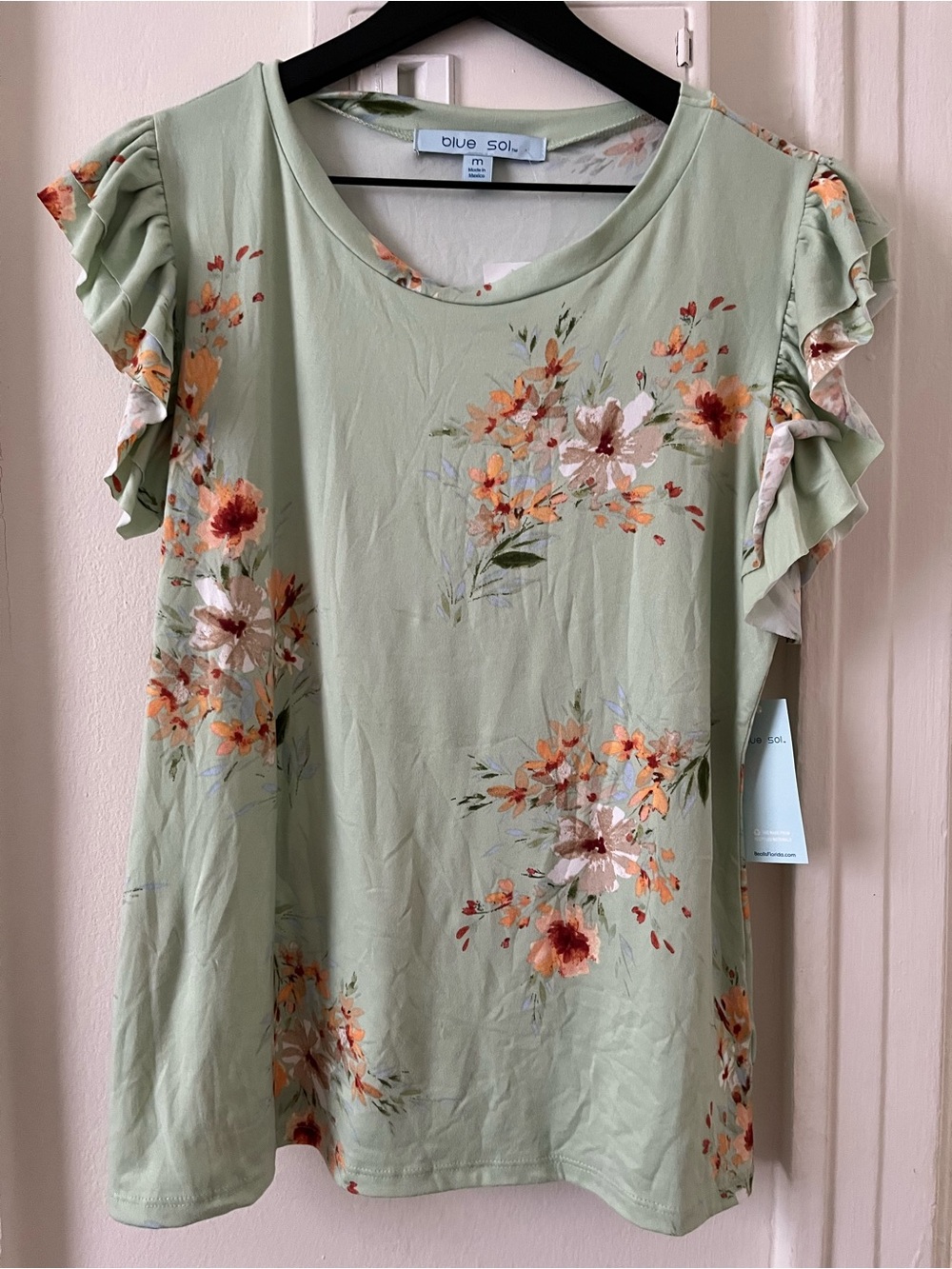 Blue Sol Sage Green Floral Ruffle Sleeve Tee